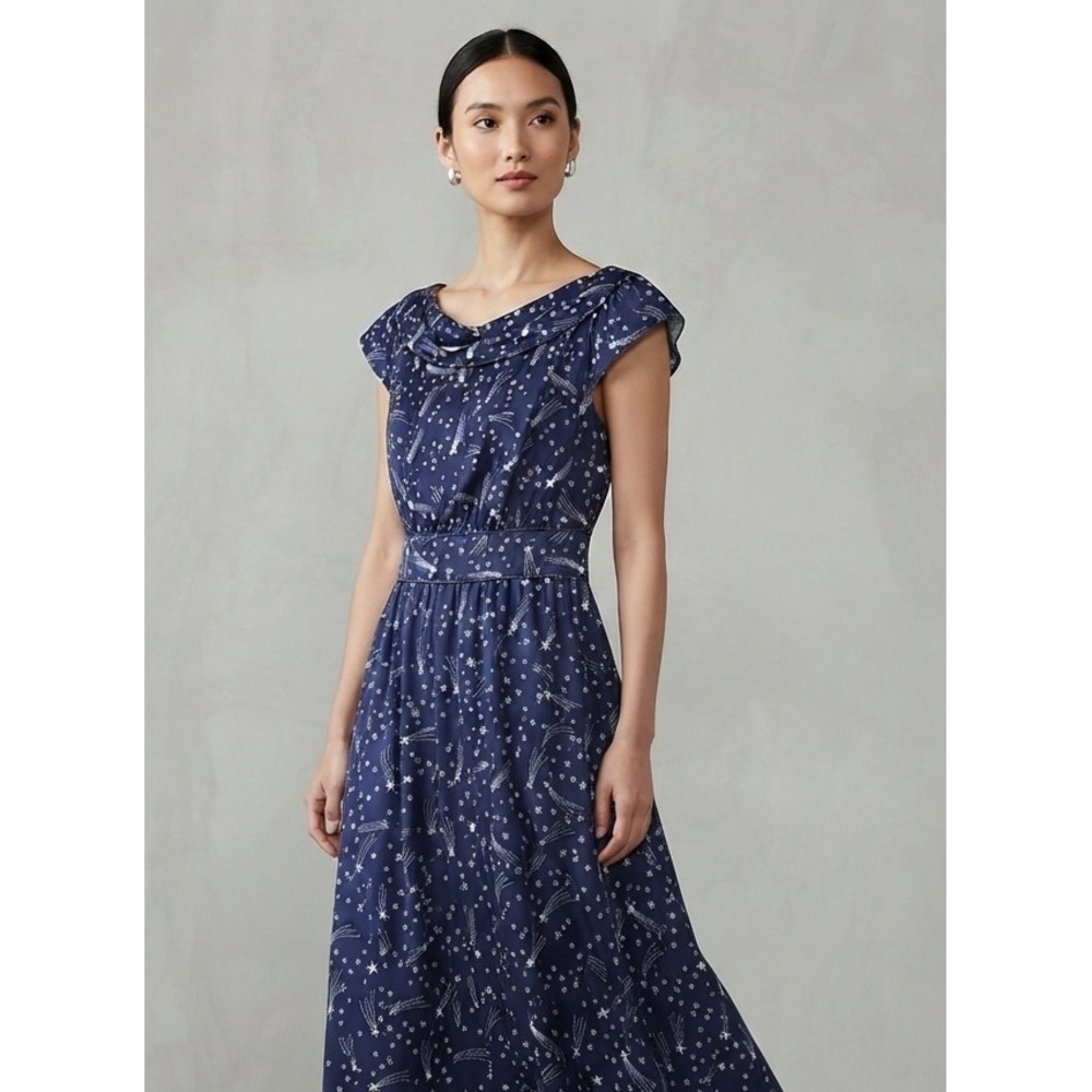 Grace Karin Navy Star Print Midi Dress with Cowl Neck